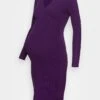 V Ausschnitt Mini Bodycon Ripp Strickkleid - Gebreide Jurk - Purple