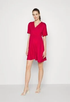 Short Sleeves Flared Mini Dress- Jerseyjurk - Red